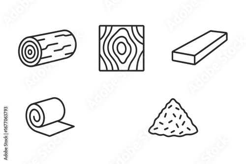 Wood products line icon set. Vector symbols for timber, lumber, and forestry industry. Log, plank, plywood, veneer, wood chip. Sawmill and carpentry materials concept.