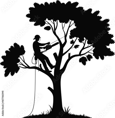Tree trimming with chainsaw, arborist at work, silhouette illustration, tree pruning safety, professional tree cutter, rope access, forest maintenance