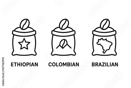 Coffee bean origins icon set. Ethiopian, Colombian, and Brazilian coffee sacks. Vector line art symbols for packaging, logo, or cafe menu. Farm, harvest, agriculture concept.
