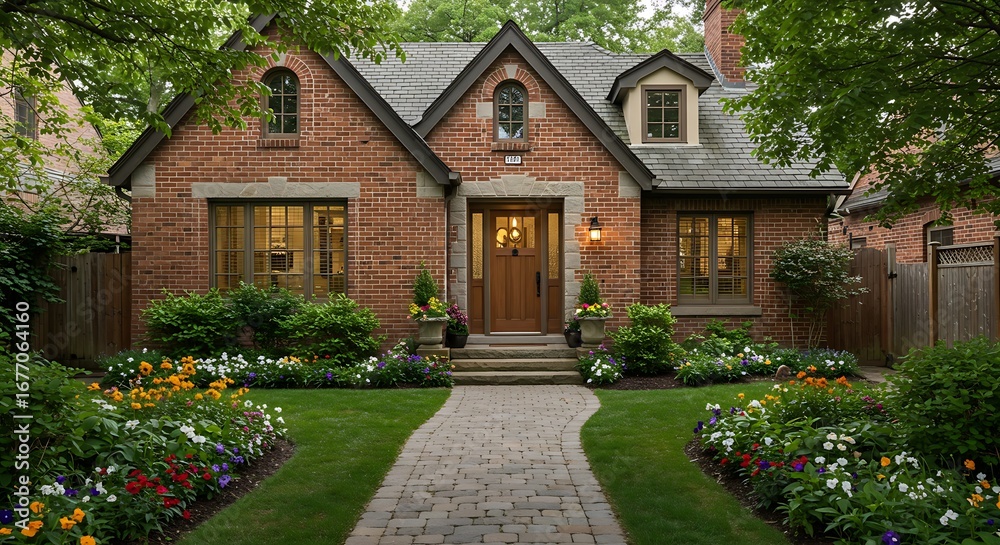 Obraz premium Iconic manor with stone façade, luxury living captured in soft natural light, refined and minimalist look captured in soft n