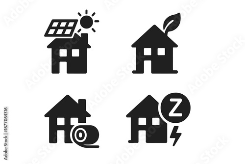 Zero energy building solid icon set. Sustainable house pictogram collection. Eco friendly home with solar panel, green roof, wall insulation and net-zero energy consumption.