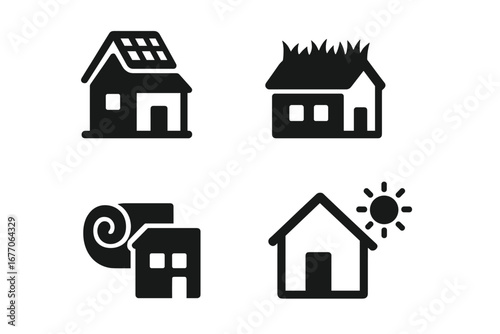 Zero energy building solid icon set. Vector symbols for sustainable and eco-friendly housing. Concepts include solar panel, green roof, thermal insulation, and passive heating.