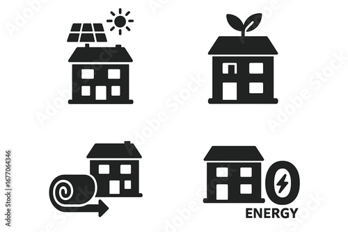 Zero energy building icon set. Solid glyphs of sustainable house concepts. Solar panel, green roof, wall insulation and net-zero energy efficiency vector illustrations.
