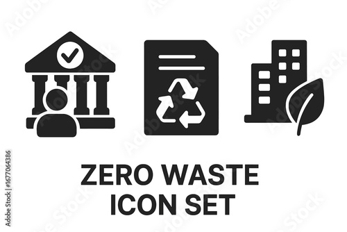 Zero waste solid icon set. Vector icons for environmental policy, city council governance, sustainability plan, recycling document, and green building concept illustration.