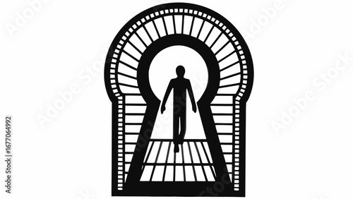 Silhouette of a person walking through a keyhole shaped structure with radiating lines and light behind