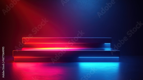 Two - tiered Platform Illuminated by Neon Lights in Red and Blue