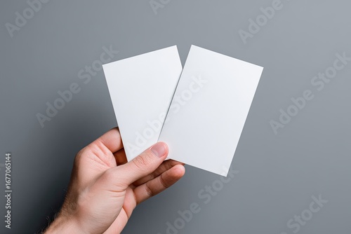 Two blank white cards held in a hand against a gray background
