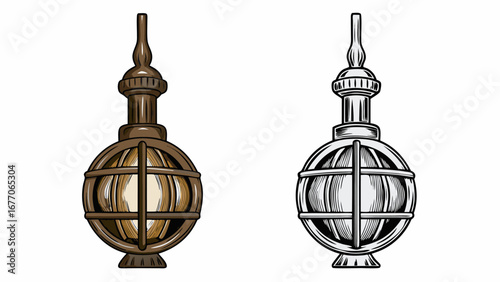 Illustration showcasing two ornate antique lamps with detailed line work and spherical cage design silhouette