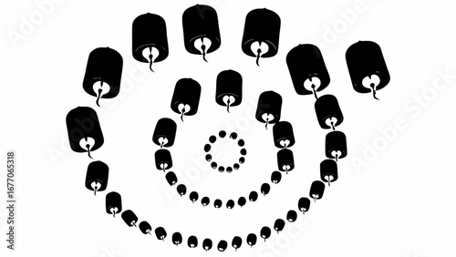 A spiral arrangement of black and white lanterns creating a mesmerizing visual pattern and design element silhouette