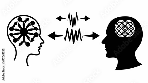 Illustration showing communication between two minds with different thought processes depicted silhouette