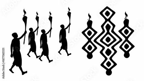 Silhouetted figures carrying torches alongside patterned geometric shapes in black and white illustration