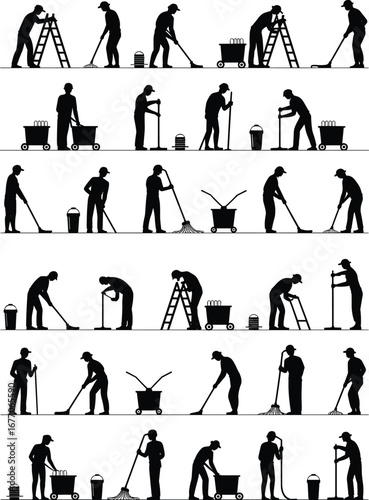 Cleaning worker silhouettes, janitorial service, housekeeping tasks, floor mopping, sweeping, scrubbing, ladder cleaning, bucket and mop, hygiene maintenance, sanitation, flat vector illustration