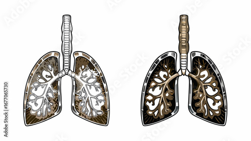 Illustration showing healthy lungs versus lungs damaged by smoking and pollution damage to the organ silhouette