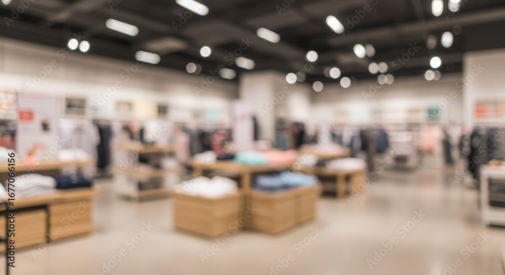 Fototapeta premium Blurred retail store interior background with shelves, displays, and lighting.