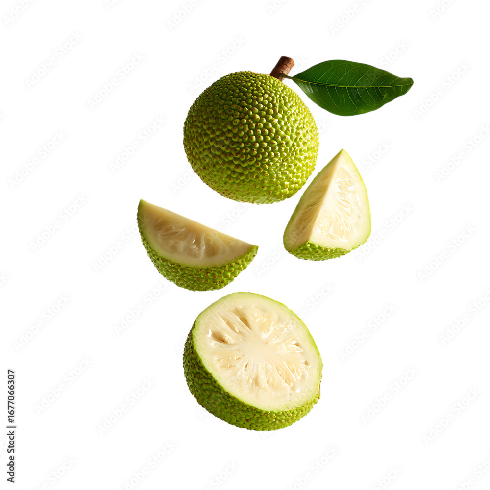 Fototapeta premium Breadfruit with half slices falling or floating png
