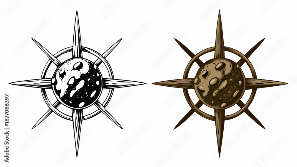 Obraz premium Two stylized renderings of a spiked planetary object with a circular ring around it side by side silhouette