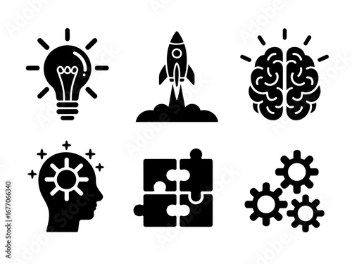  Lightbulb, Rocket, Brain, Head Gear, Puzzle and Gears Icons