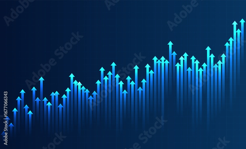 Glowing chart with rising blue arrows on dark background, symbolizing growth, finance, investment, success, economy, and business development.
