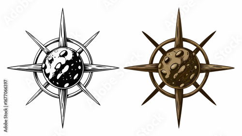 Two stylized renderings of a spiked planetary object with a circular ring around it side by side silhouette
