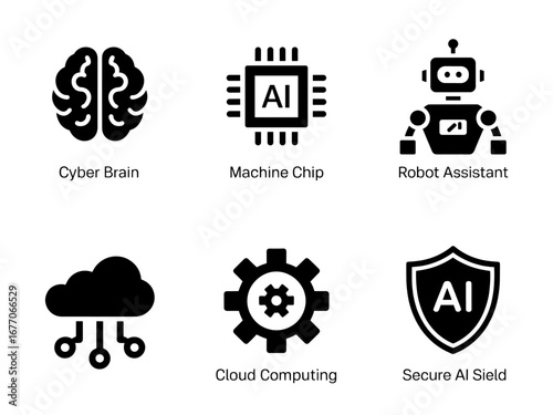 AI Security, Cloud Computing and Robot Assistant Icons
