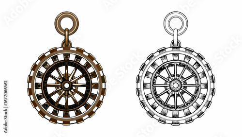 Detailed illustration of two steampunk style wheels with intricate designs and metallic accents shown side by side silhouette