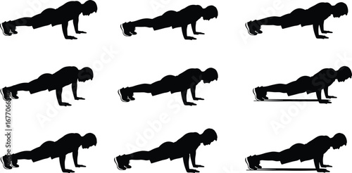 Push‑up silhouette sequence, bodyweight exercise, plank, lowering, raising, sport, fitness, training, workout, motion study, vector, black, white, strength
