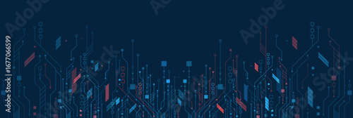 Futuristic digital circuit background with blue and red lines and nodes, symbolizing technology, data, innovation, electronics, and connectivity.