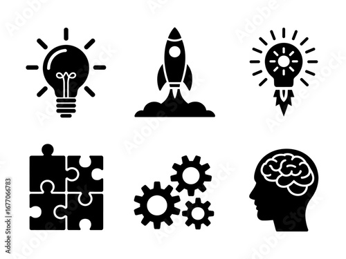 Creativity, Rocket and Brainstorming Concept Icon Set