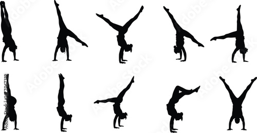 Handstand silhouette set, acrobatic poses, gymnastics, yoga, balance, flexibility, strength, sport, fitness, training, vector, black, white, body control