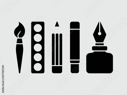 Art Supplies Icons — Brush, Pencil, Palette and Ink Bottle
