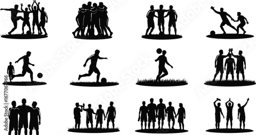 Soccer silhouette scenes, football players, teamwork, celebration, dribbling, passing, trophy, group huddle, match, sport, vector, black, white, action poses