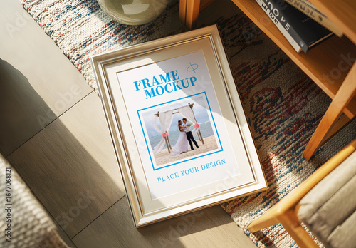 Vertical Picture Frame Mockup on a Rug with Sunlight