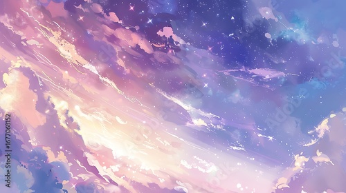 Dreamy Anime Illustration of Pastel-Colored Sky Shifting from Gentle Lavender to Warm Peach, Constellation of Twinkling Stars and Faint Cloud-Like Hues, Sense of Wonder and Enchantment