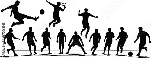 occer silhouette set, football players, kicking, dribbling, jumping, goalkeeping, running, ball control, sport, match, vector, black, white, action poses