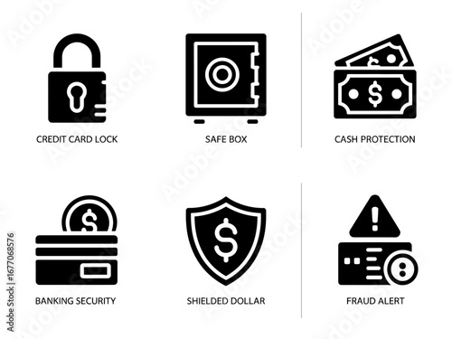 Secure Storage and Financial Vault Icons — Cloud Lock Shield Vault Money Stack