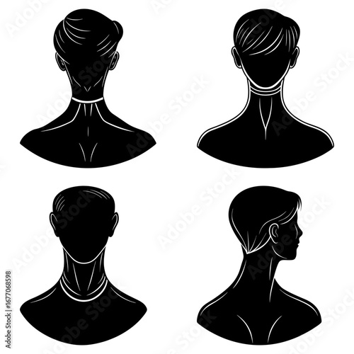 Silhouetted portraits of four female figures with varying hairstyles and necklines in black and white art