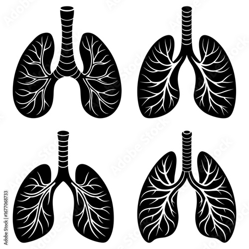 Four black lung illustrations with white veins and trachea on a white background in vector format