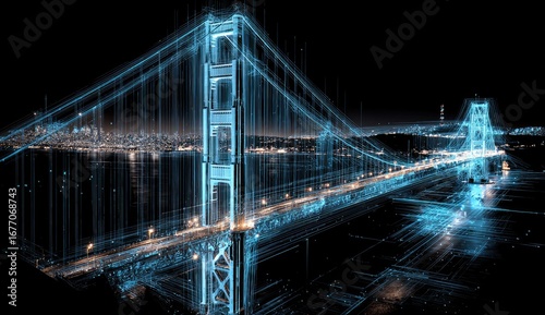 Digital blueprint of a bridge over a city at night.  Translucent, glowing lines depict the bridge's structure.  City lights illuminate the cityscape