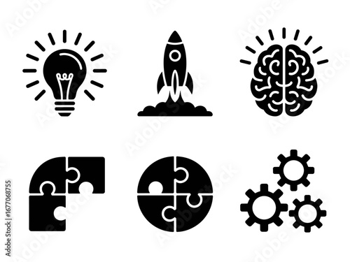 Innovative Business Idea Concept Icons — Lightbulb Rocket Brain Puzzle Gears