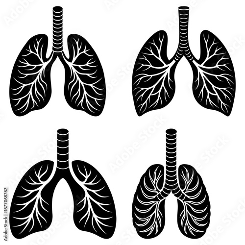 Four anatomical lung illustrations with trachea and bronchial tree in black and white color scheme