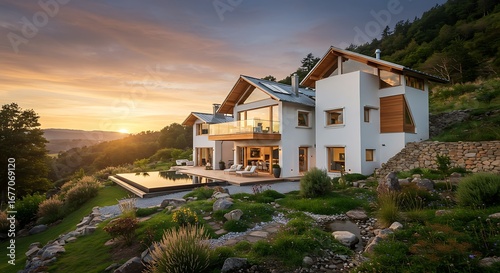 Unique eco-friendly residence with white minimalist walls, luxury property captured in soft natural light, refined and minim
