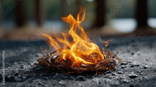 Small, vibrant flames ignite a nest of dry twigs on a dark gray surface, casting a warm glow.