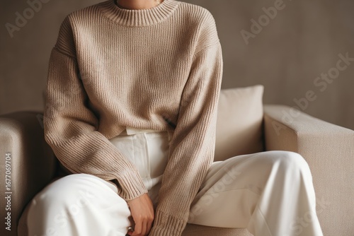 Close-up of a woman seated, wearing a beige sweater and white pants