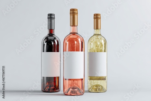 Three wine bottles, red, ros?, and white, with blank labels,  on a plain light gray background