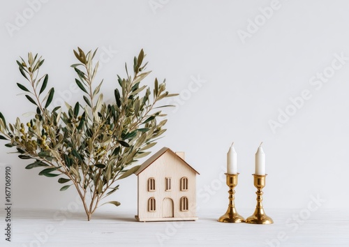 Simple, minimalist scene. A small, light-wood house sits beside two gold candle holders and a sprig of olive branches against a white background