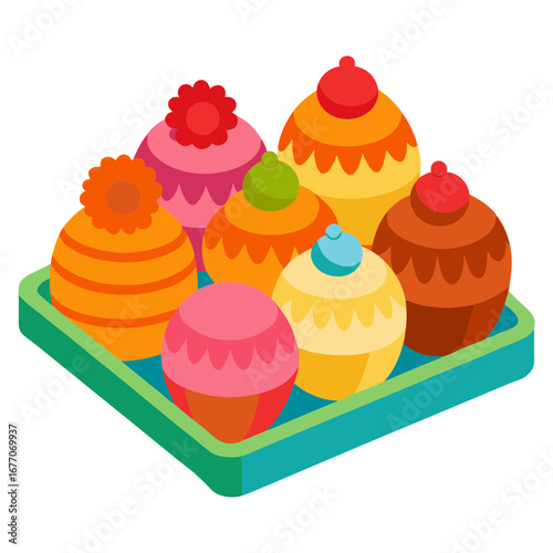 Vector art illustration of cakes of various designs arranged on a tray