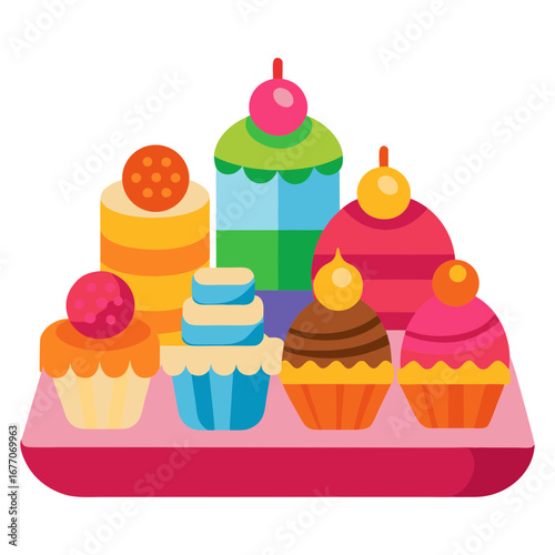 Vector art illustration of cakes of various designs arranged on a tray