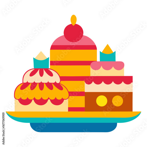 Vector art illustration of cakes of various designs arranged on a tray