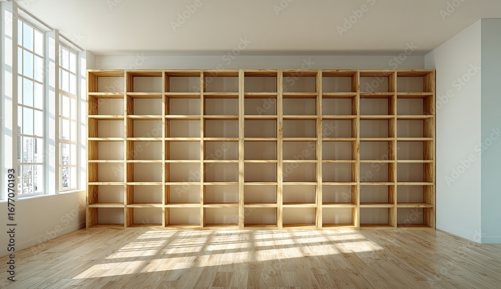Obraz premium Empty light-wood bookcase wall in bright room