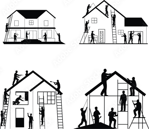 House construction silhouettes, residential building, home renovation, roof work, ladder tasks, carpentry, teamwork, repair, maintenance, construction site, labor, flat vector illustration
